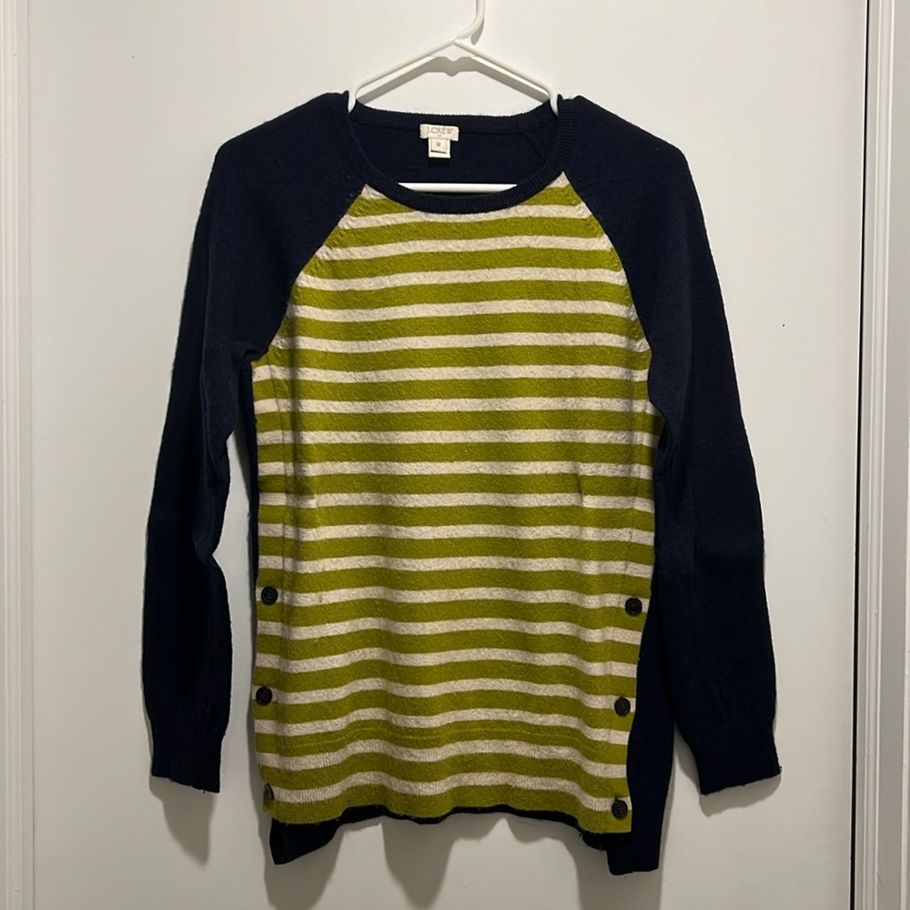 J. Crew Navy Green and White Stripped Sweater. Size M with Elbow Pads